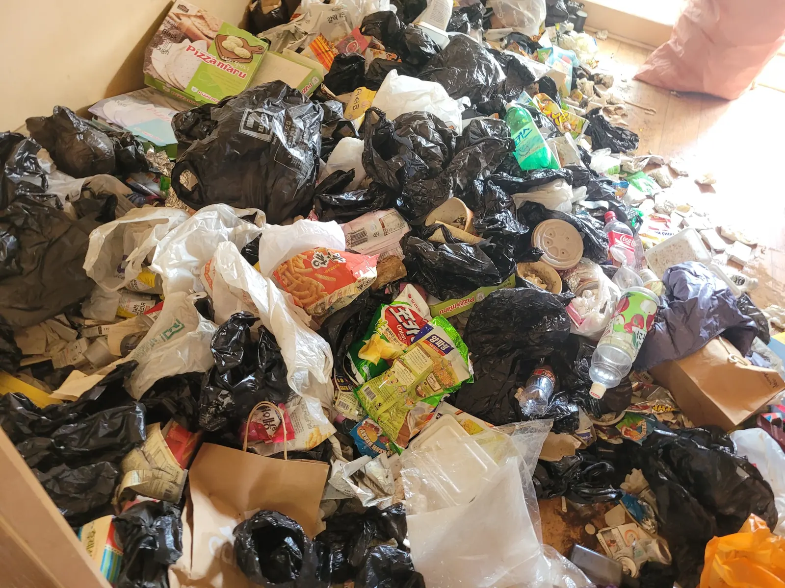 쓰레기집폐기대행 관련 현장: 쓰레기와 봉투가 바닥을 뒤덮은 쓰레기집 정리 전 현장